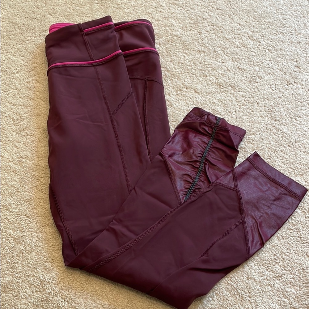 Lululemon Burgundy Leggings with Pink Accents